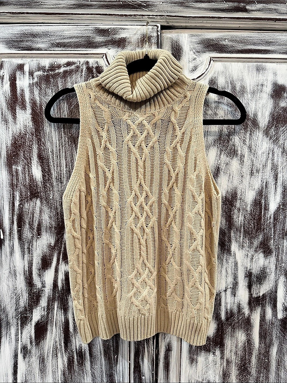 Cable Knit Cowl Neck Vest in Beige Small
